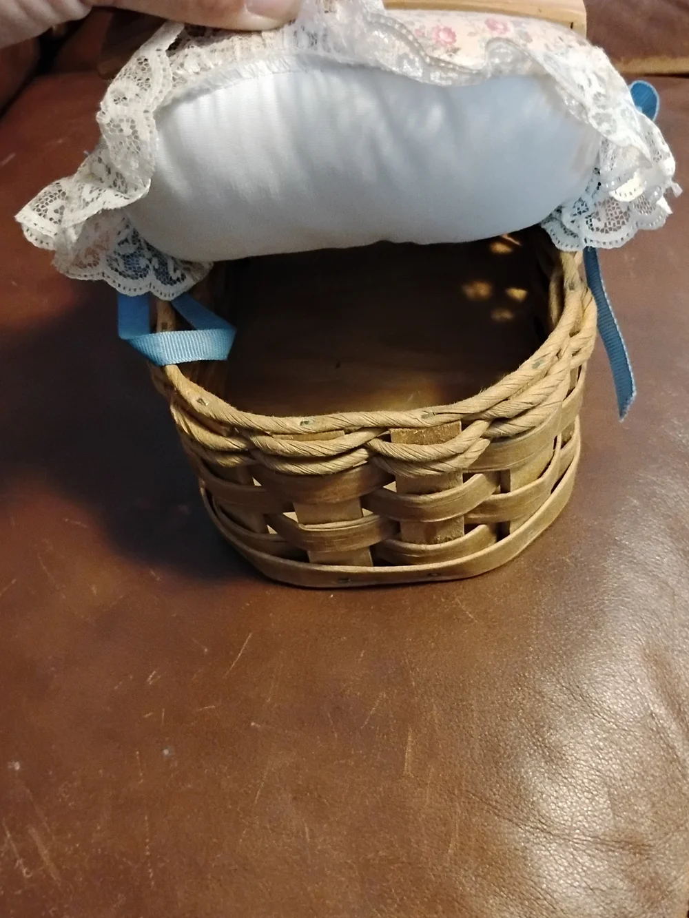 Handwoven Natural Wicker Sewing Basket with Blue Bow